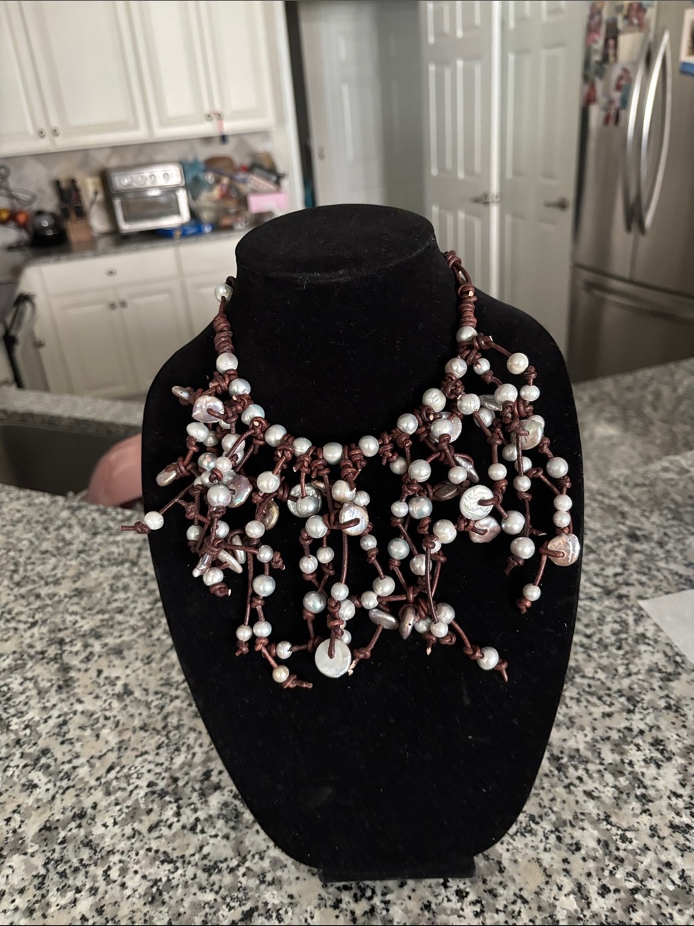 Handcrafted Brown Cord and Pearl Bead Statement Necklace